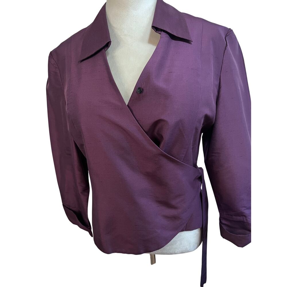 Kate Hill Plum Silk Wrap Blouse Jacket Side Tie Y2K Minimalist Top